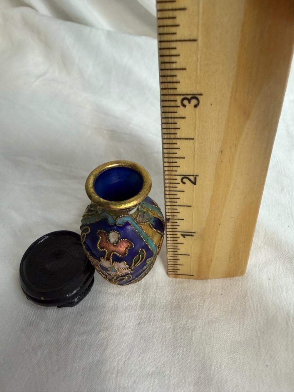 Vintage Mini Cobalt Blue Cloisonné Vase with Wood Stand - 2" Floral Enamel - Picture 9 of 10
